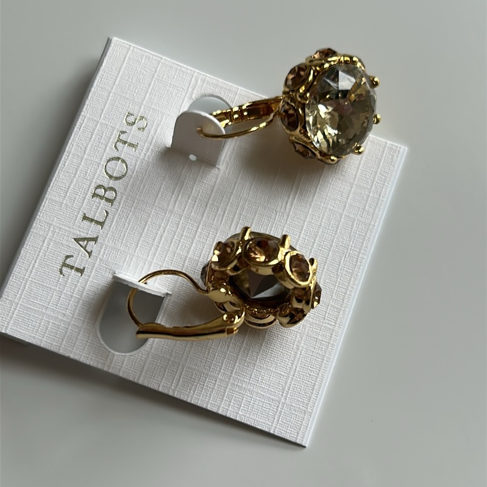 Talbots Yellow Gold Tone Encrusted Bezel Crystal Drop Earrings with Lever back - Picture 3 of 7